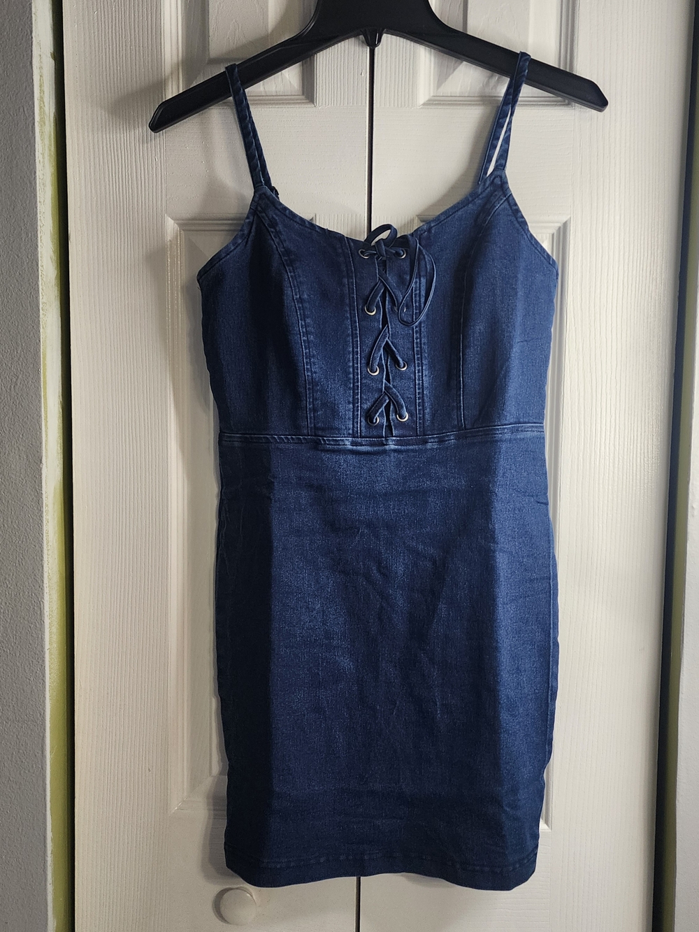 Denim Lace-Up Spaghetti Strap Mini Dress - Dark Blue Size M